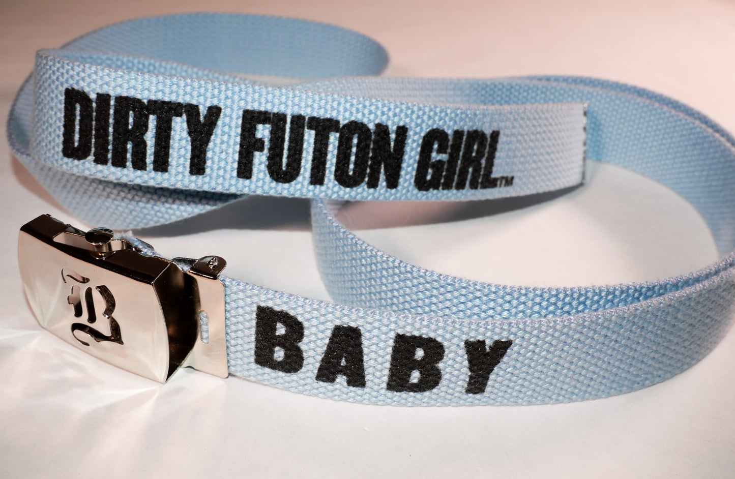 Baby belt. 70 inch long woven web belt with silver buckle and metal tips. Reversible Dirty Futon Girl logo and We Love Sluts screenprint.