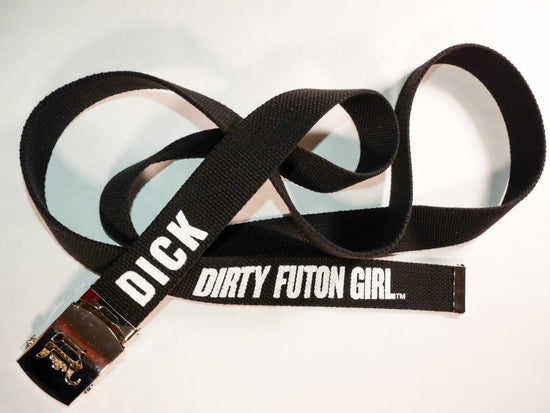 Dick belt. 70 inch long woven web belt with silver buckle and metal tips. Reversible Dirty Futon Girl logo and We Love Sluts screenprint.