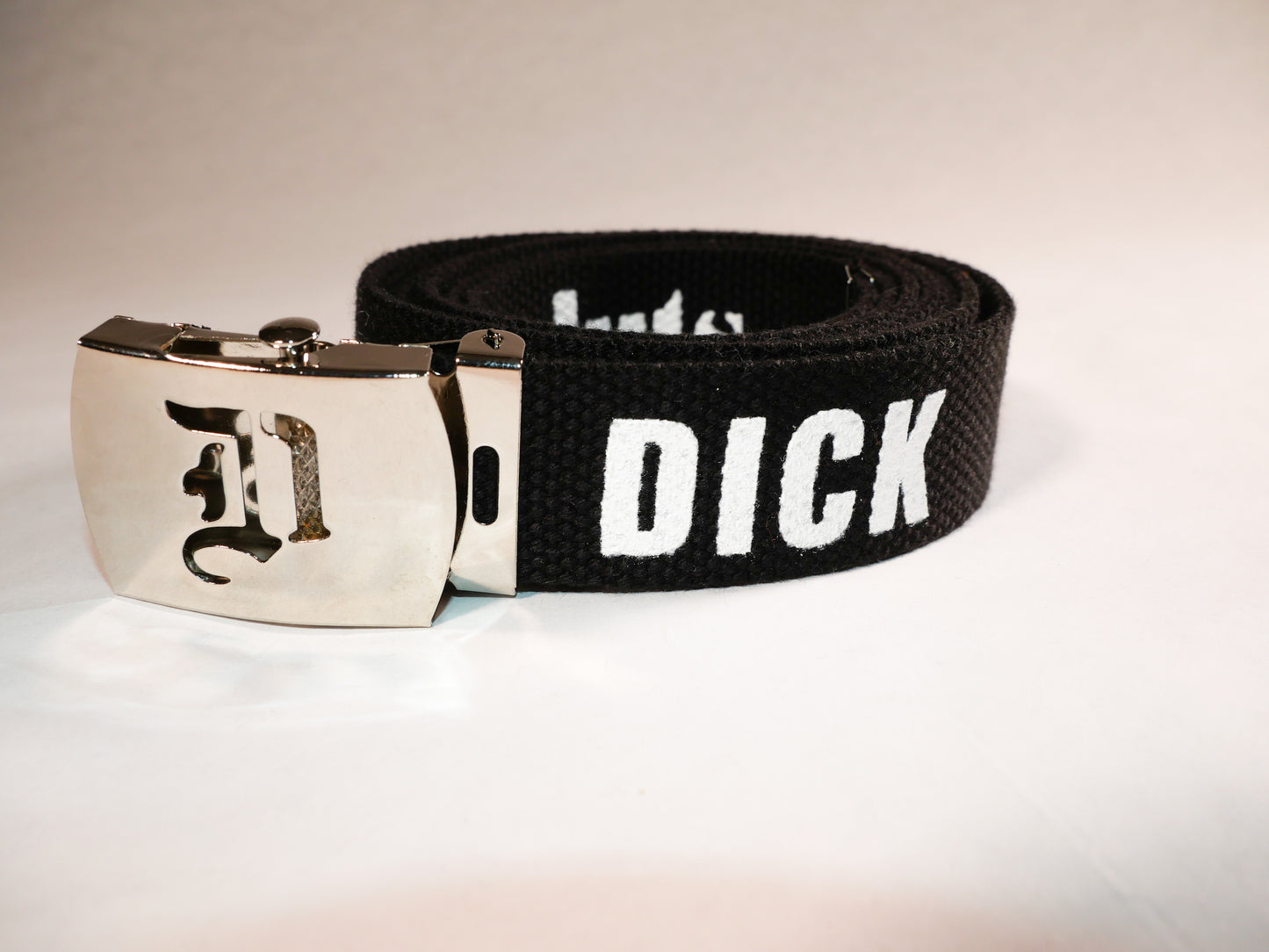 Dick belt. 70 inch long woven web belt with silver buckle and metal tips. Reversible Dirty Futon Girl logo and We Love Sluts screenprint.