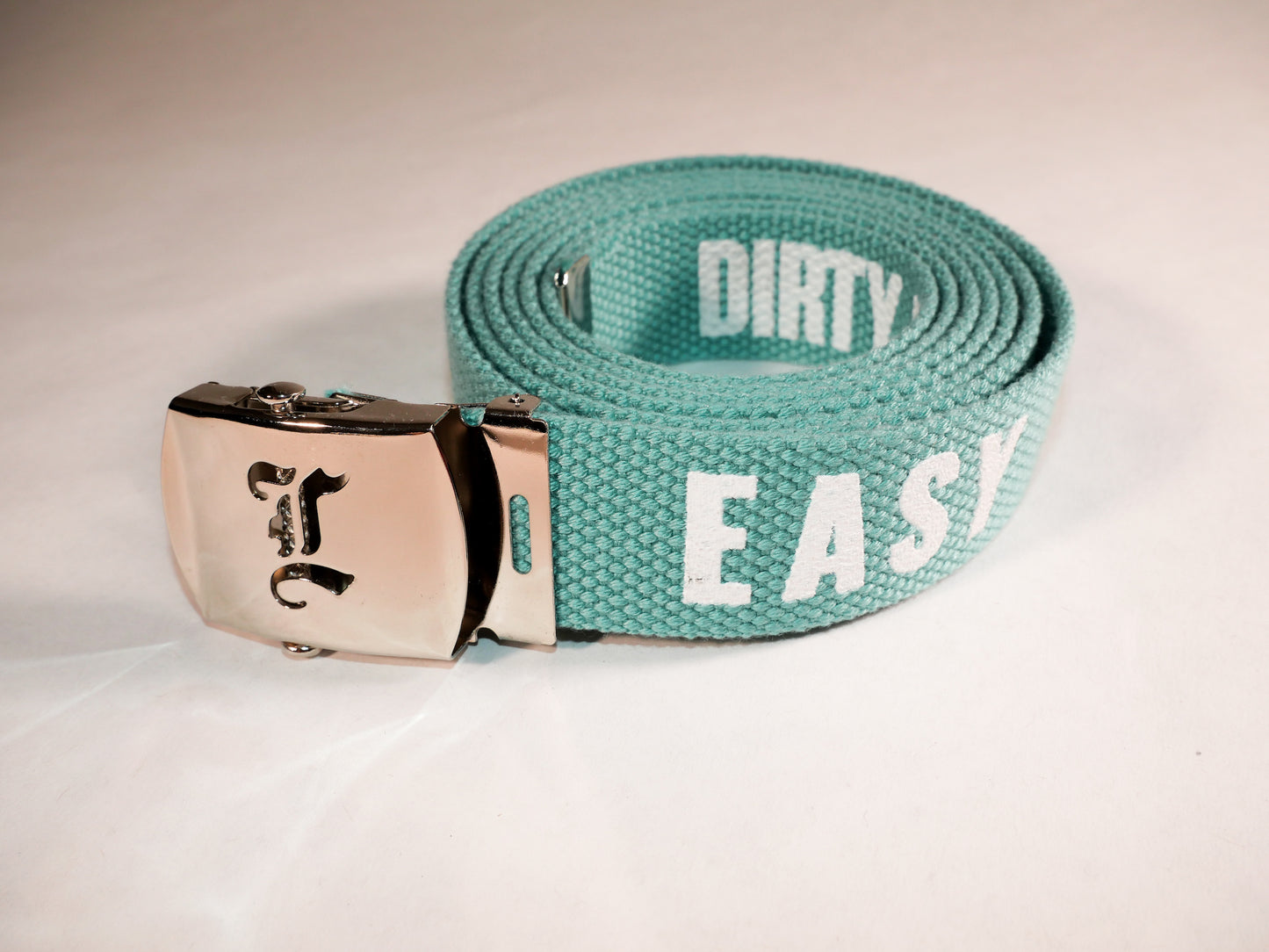 Easy belt. 70 inch long woven web belt with silver buckle and metal tips. Reversible Dirty Futon Girl logo and We Love Sluts screenprint.