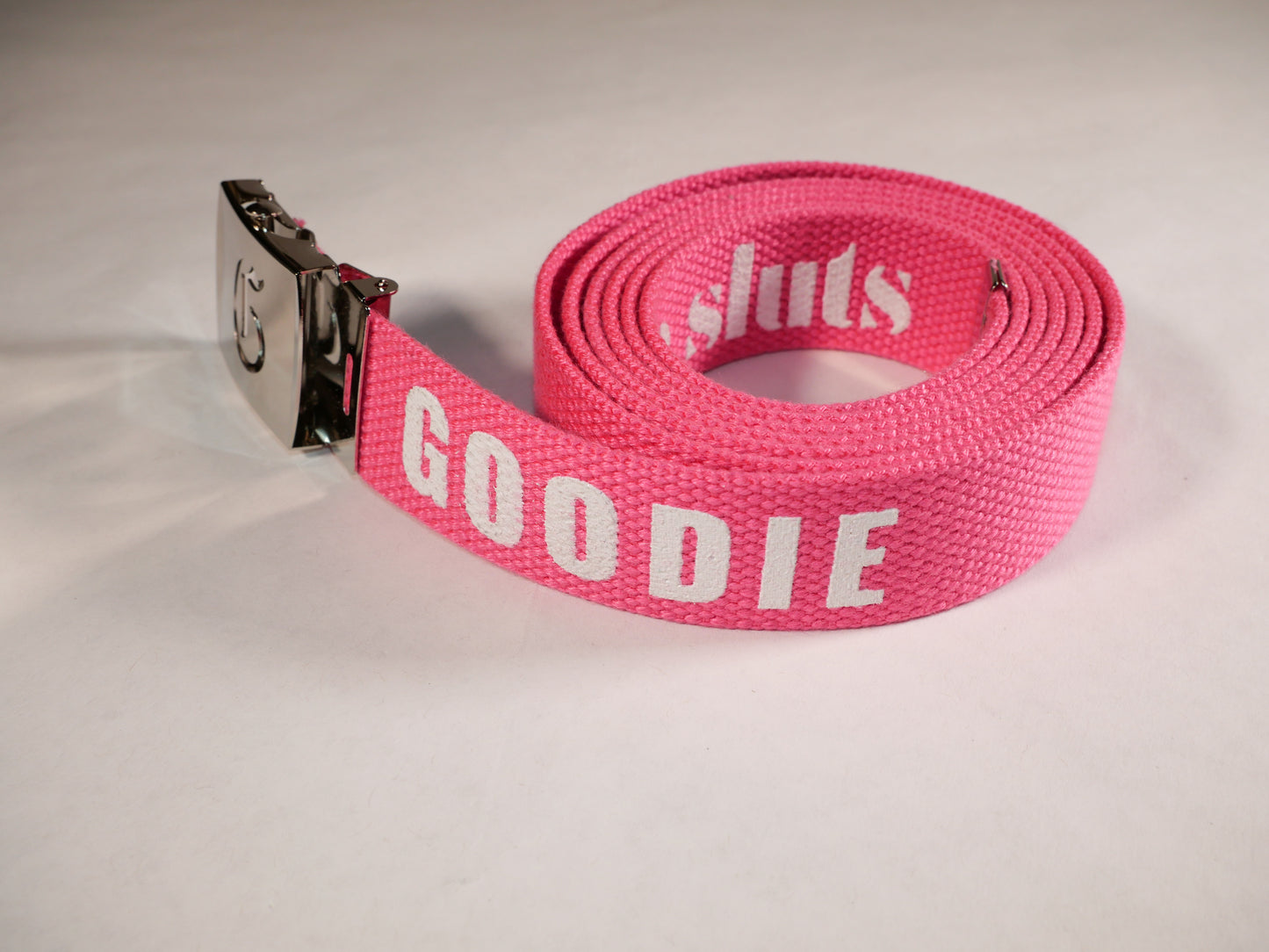 Goodie belt. 70 inch long woven web belt with silver buckle and metal tips. Reversible Dirty Futon Girl logo and We Love Sluts screenprint.