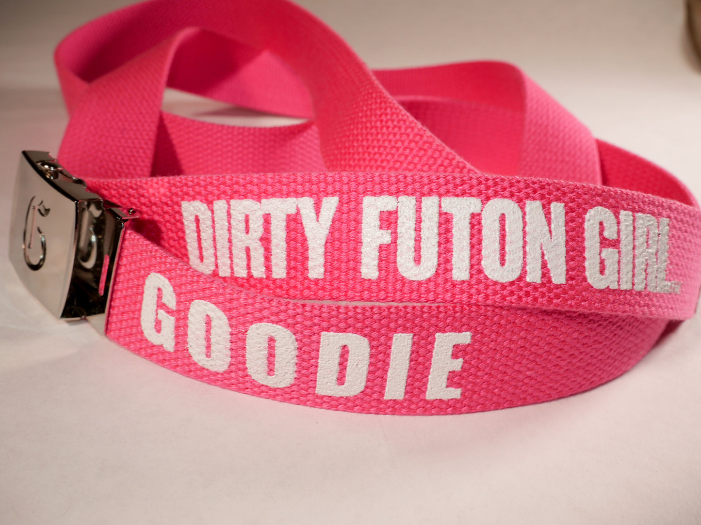 Goodie belt. 70 inch long woven web belt with silver buckle and metal tips. Reversible Dirty Futon Girl logo and We Love Sluts screenprint.