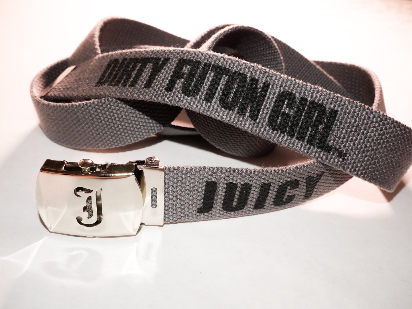 Juicy belt. 70 inch long woven web belt with silver buckle and metal tips. Reversible Dirty Futon Girl logo and We Love Sluts screenprint.