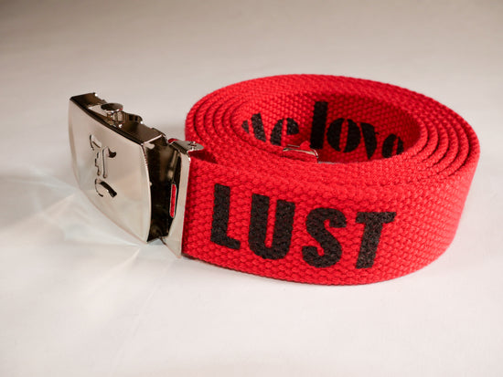 Lust belt. 70 inch long woven web belt with silver buckle and metal tips. Reversible Dirty Futon Girl logo and We Love Sluts screenprint.