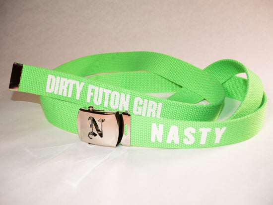 Nasty belt. 70 inch long woven web belt with silver buckle and metal tips. Reversible Dirty Futon Girl logo and We Love Sluts screenprint.