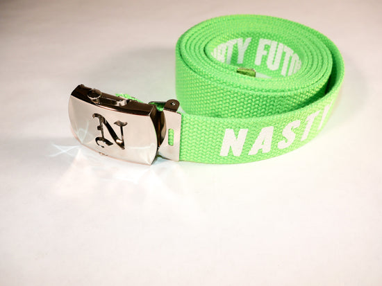 Nasty belt. 70 inch long woven web belt with silver buckle and metal tips. Reversible Dirty Futon Girl logo and We Love Sluts screenprint.