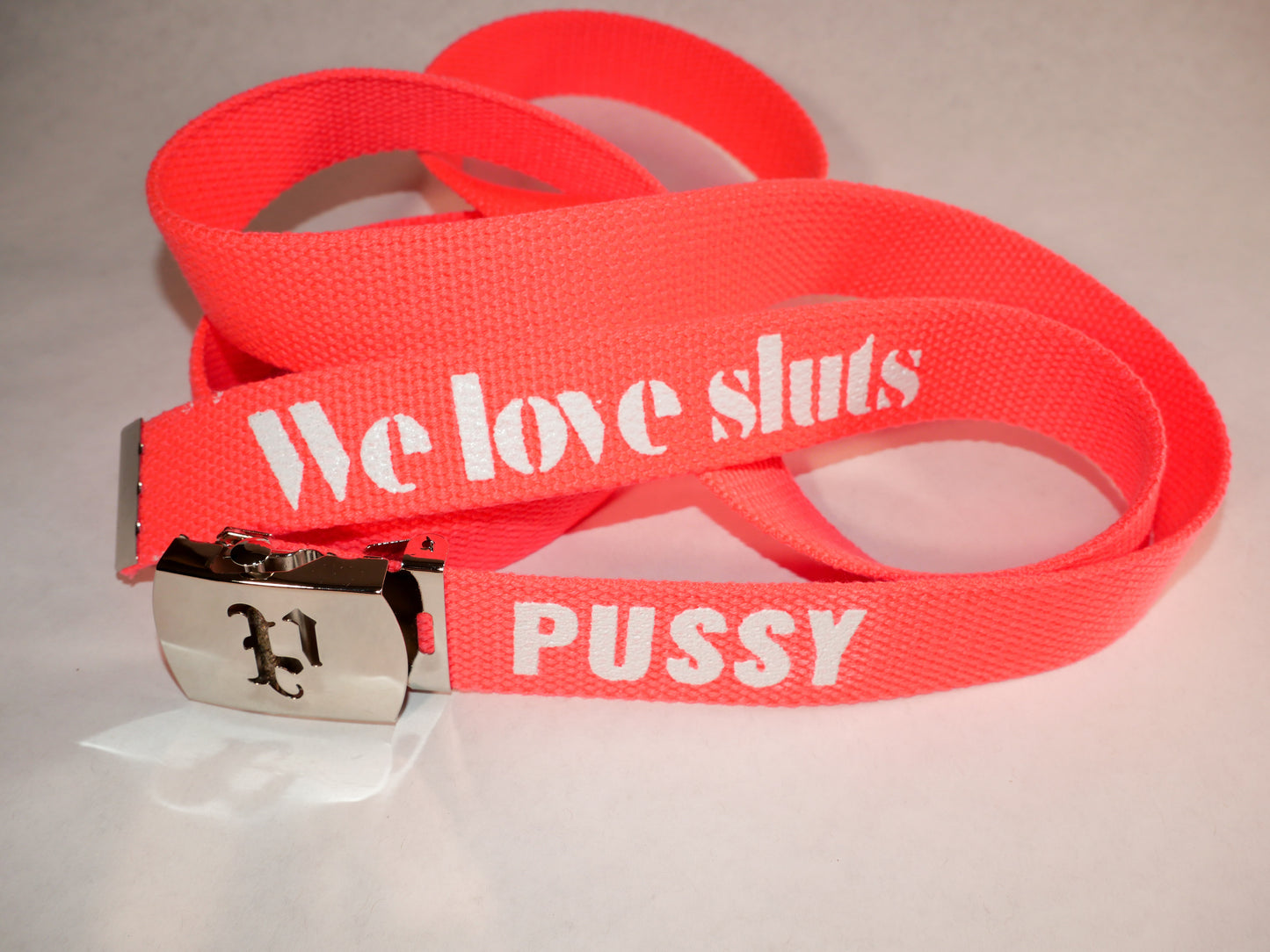 Pussy belt. 70 inch long woven web belt with silver buckle and metal tips. Reversible Dirty Futon Girl logo and We Love Sluts screenprint.