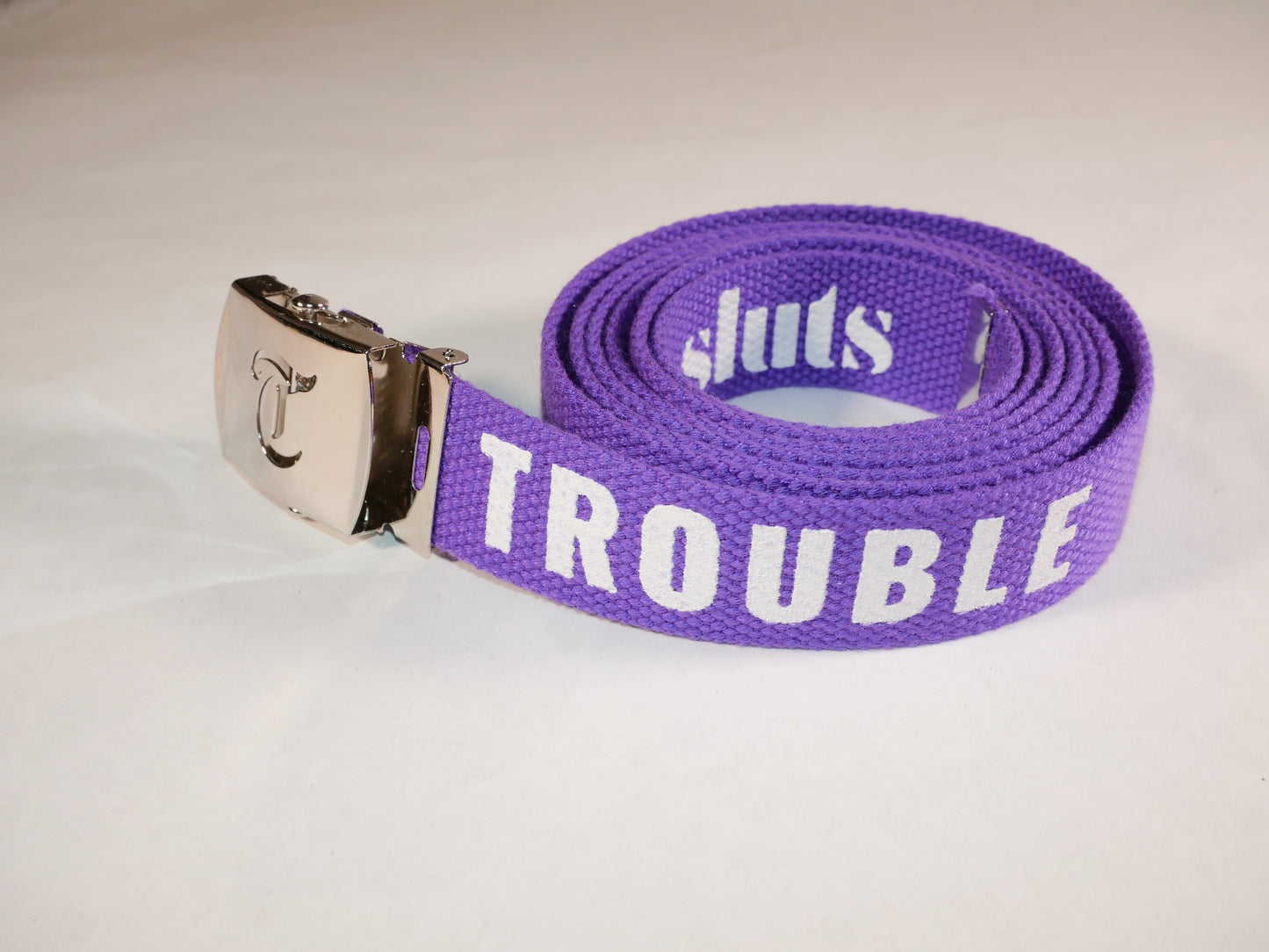 Trouble belt. 70 inch long woven web belt with silver buckle and metal tips. Reversible Dirty Futon Girl logo and We Love Sluts screenprint.