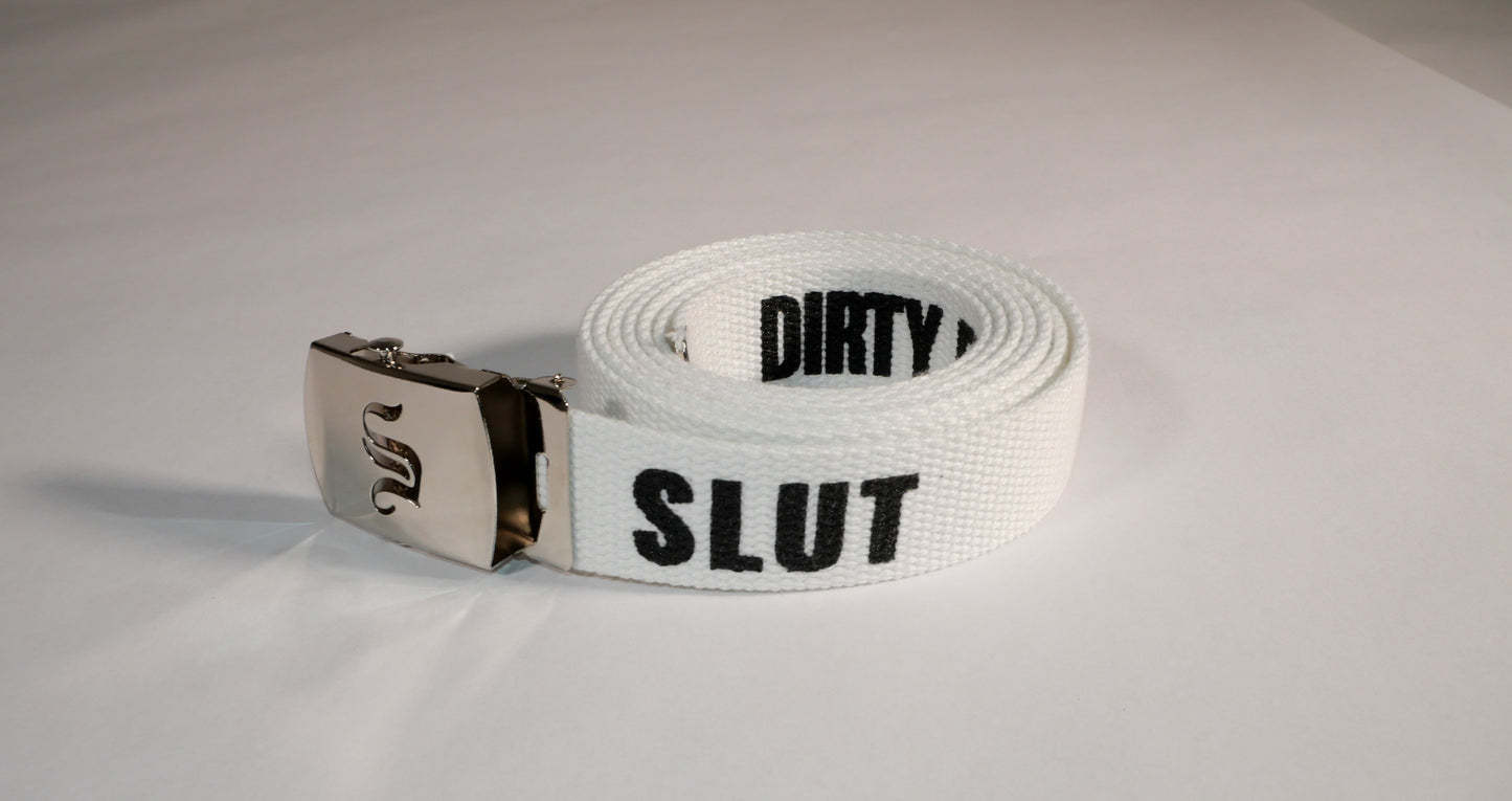 Slut belt. 70 inch long woven web belt with silver buckle and metal tips. Reversible Dirty Futon Girl logo and We Love Sluts screenprint.